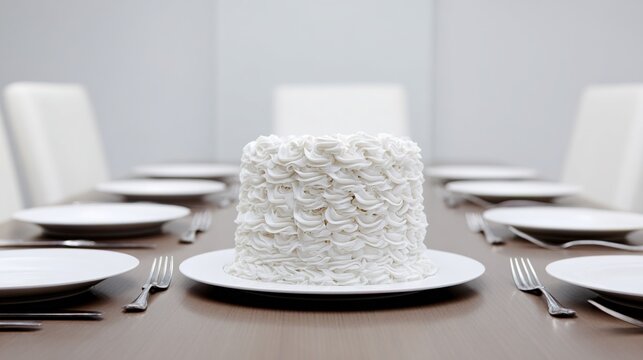 unused. An ornate cake on a dining table with empty plates and unused cutlery. symbolizing life milestones and joyful moments.