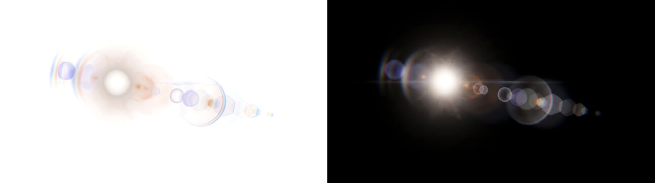 Camera lens flare effect with a bright light source and rainbow circular reflections for photo editing overlays in PNG, Transparent and Black Background Versions for creative design use