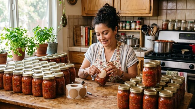 Woman in kitchen canning homemade salsa into glass jars for preservation