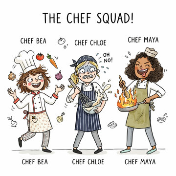 The chef squad collection with three female characters named chef bea chef chloe and chef maya in funny poses.