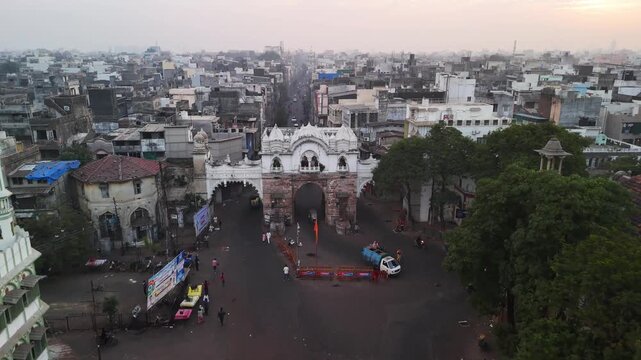 Scenic Aerial View of the Historic Old City of Vadodara Featuring Traditional Architecture, Heritage Buildings, Narrow Streets, Bustling Markets, Cultural Landmarks and the Timeless Urban Charm of Guj