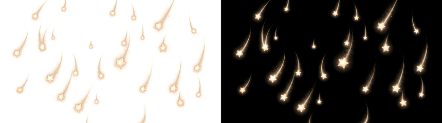 Falling shooting stars shower with curved glowing trails scattered across the sky perfect for magical wallpapers in PNG, Transparent and Black Background Versions for creative artwork © Crafter
