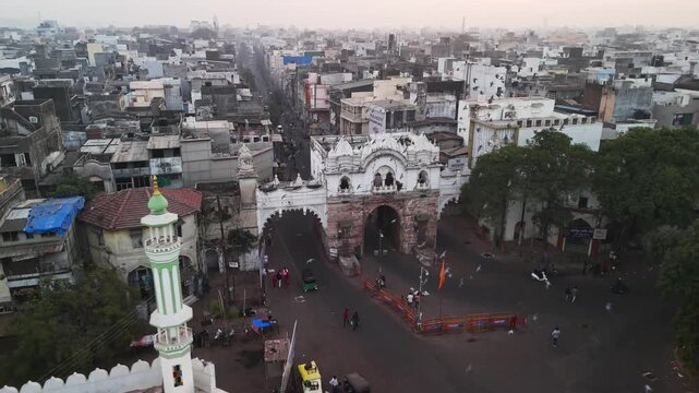 Scenic Aerial View of the Historic Old City of Vadodara Featuring Traditional Architecture, Heritage Buildings, Narrow Streets, Bustling Markets, Cultural Landmarks and the Timeless Urban Charm of Guj