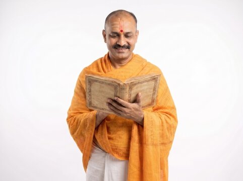 Hindu Priest Reading Sacred Scripture on White Background