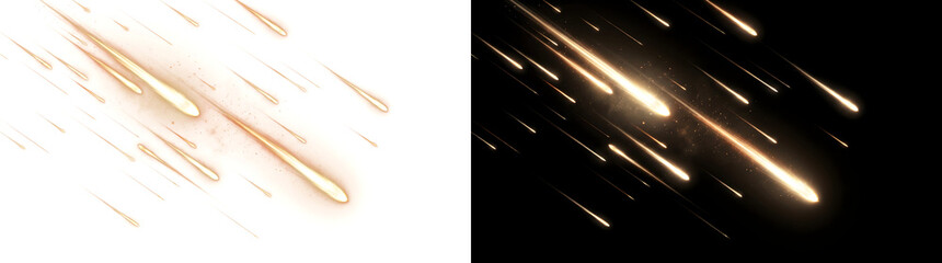 Golden meteor rain scene showing multiple bright comets falling diagonally through misty space perfect for cosmic backdrop designs in PNG, Transparent and Black Background Versions for creative use © Crafter