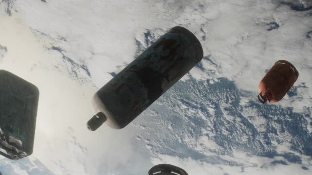 Several containers are floating in the weightlessness of space above Earth. The scene shows a view of the planet in the background with clouds visible.