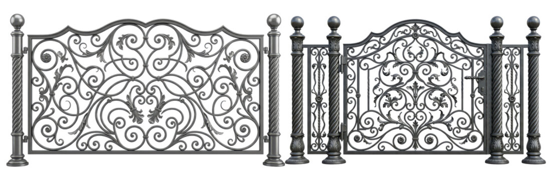 Collection of decorative forged iron fences and entrance gates featuring classic architectural metalwork isolated on transparent background.