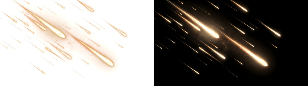 Golden meteor rain scene showing multiple bright comets falling diagonally through misty space perfect for cosmic backdrop designs in PNG, Transparent and Black Background Versions for creative use