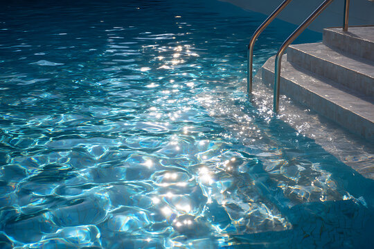 Sparkling Blue Swimming Pool Water with Steps and Handrail.