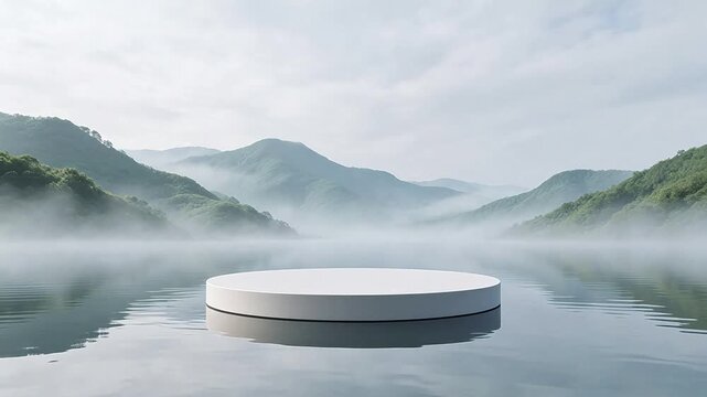 Round platform in misty mountain lake