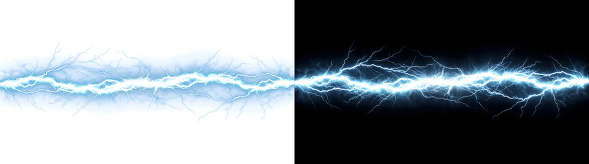 Horizontal electric lightning bolt with branching blue energy veins for storm and power graphics in PNG, Transparent and Black Background Versions for creative visual use © Crafter