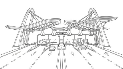 Modern highway toll plaza gateway with cars and architectural canopy © ifin
