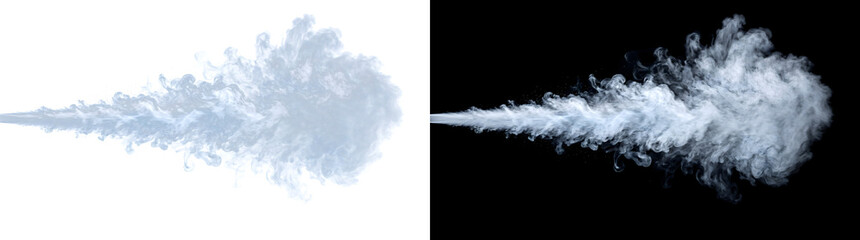 Horizontal smoke jet blast shooting sideways with a dense billowing cloud at the trailing end for dynamic impact visuals in PNG, Transparent and Black Background Versions for creative design use © Crafter