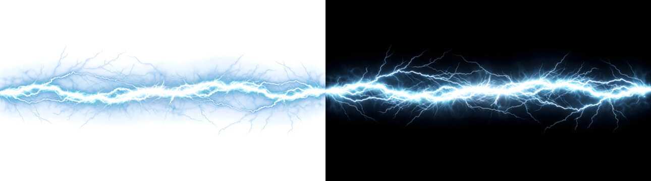 Horizontal electric lightning bolt with branching blue energy veins for storm and power graphics in PNG, Transparent and Black Background Versions for creative visual use