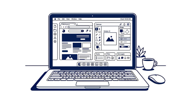 Digital workspace on a laptop with design software and interface