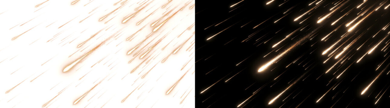 Meteor streaks racing across the night sky in bright diagonal lines with fiery glowing tips perfect for space themed designs in PNG, Transparent and Black Background Versions for creative use