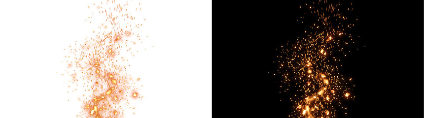 Rising fire ember sparks floating upward with glowing orange particles against darkness perfect for bonfire and campfire visuals in PNG, Transparent and Black Background Versions for creative design © Crafter