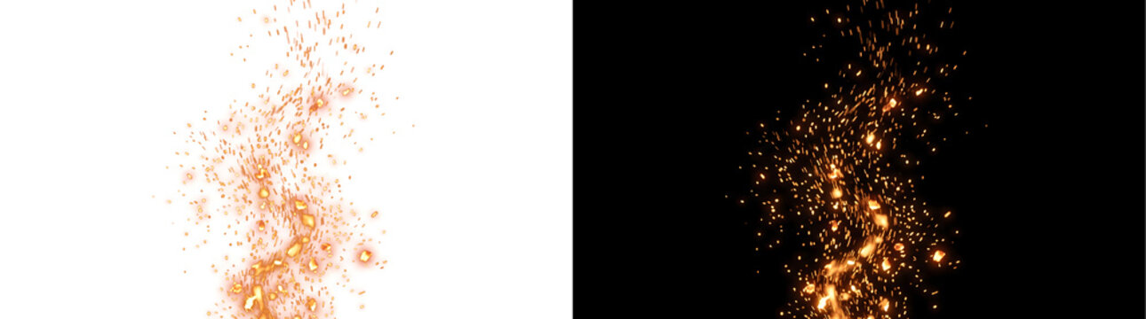 Rising fire ember sparks floating upward with glowing orange particles against darkness perfect for bonfire and campfire visuals in PNG, Transparent and Black Background Versions for creative design
