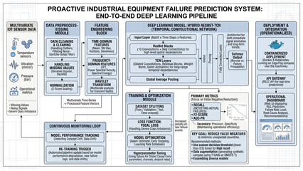 Fototapeta premium Proactive industrial equipment failure prediction system end to end deep learning pipeline with multivariate IoT sensor data and hybrid ResNet TCN model for real time monitoring