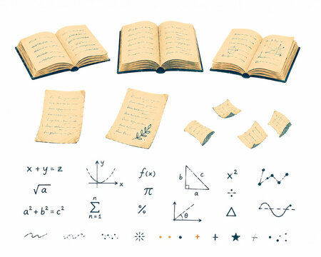 Vintage open books letters and handwritten mathematical formulas set on white background