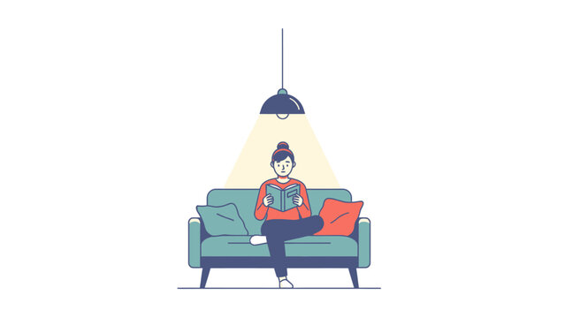Cozy Reading Moment. Woman sitting on blue sofa reading book under hanging lamp. Ideal for educational blogs and lifestyle articles.