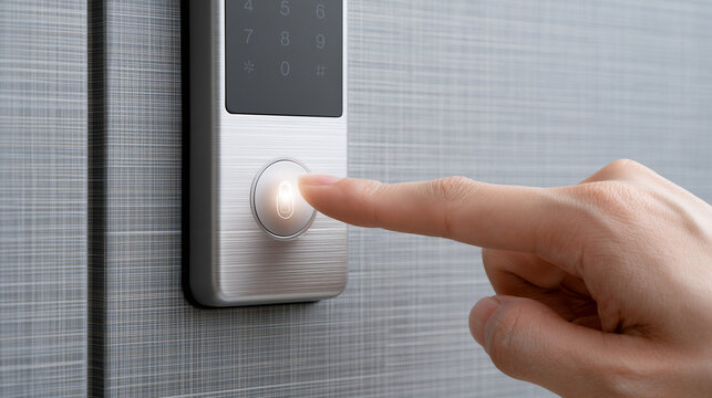 Index finger pressing button on smart door lock for secure home access with digital entry and contactless control