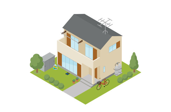 台風対策のための一戸建て住宅のアイソメイラスト_文字無し