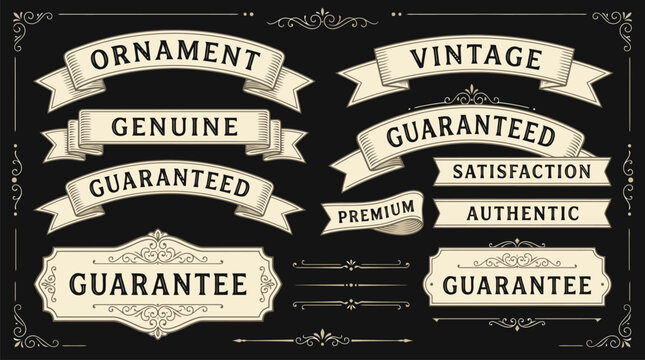 Vintage ribbon banner set with ornamental frames, antique cream parchment labels on black background, retro decorative guarantee badges vector