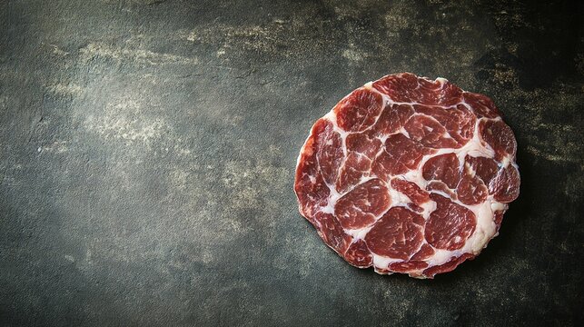 capicola. Close-up of capicola, showcasing deep red meat with intricate white fat marbling. menu design, packaging mockups, designed for food delivery and cloud-kitchen brand materials.