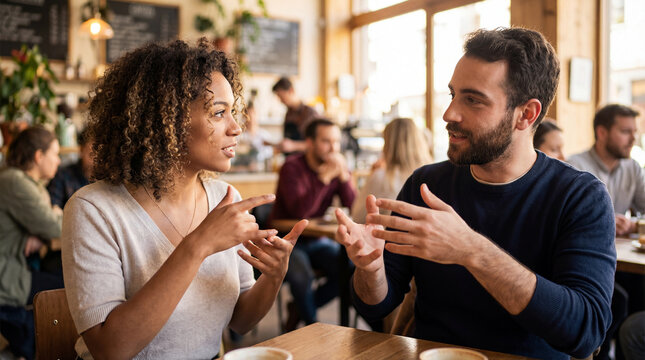Man woman using sign language during cafe conversation showing inclusive communication deaf culture accessibility relationship connection learning expression social understanding language access