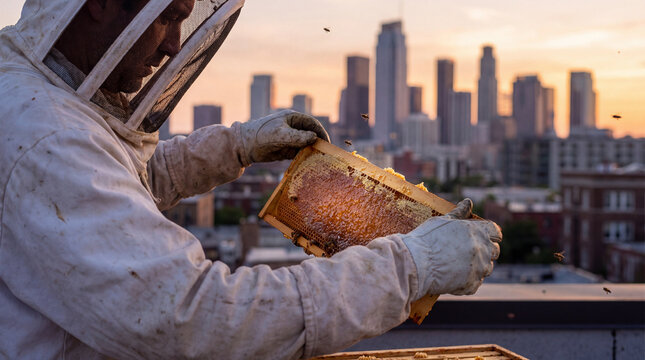 Urban beekeeper in protective suit holds honeycomb frame on rooftop apiary with city skyline at sunset illustrating local food pollination sustainability small business craft agriculture