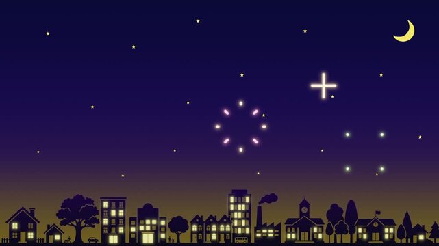 夜の街のシルエットに明かりが灯る中、打ち上げられる花火のイラスト2Dループ背景