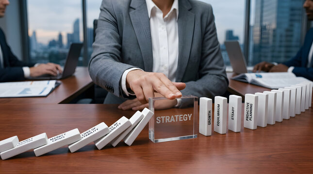 Business Strategy Halts Domino Effect: A business leader's hand stops a chain reaction of falling dominoes, one of which is marked 'Strategy,' symbolizing risk management and forward-thinking.