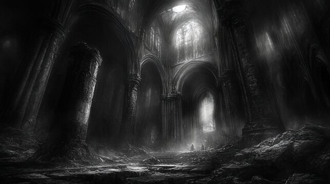 Dark, ancient cathedral ruins.  A somber, mystical atmosphere
