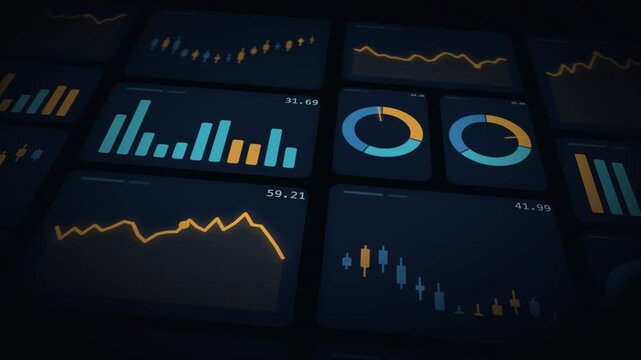 Dynamic financial markets dashboard with animated charts and graphs in vibrant colors
