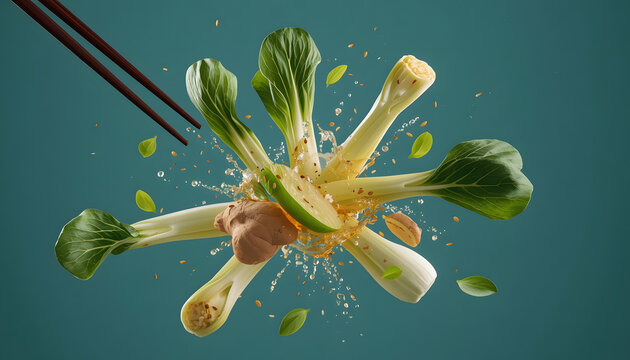 Vibrant Bok Choy and Mushrooms Being Picked with Chopsticks on Teal Background