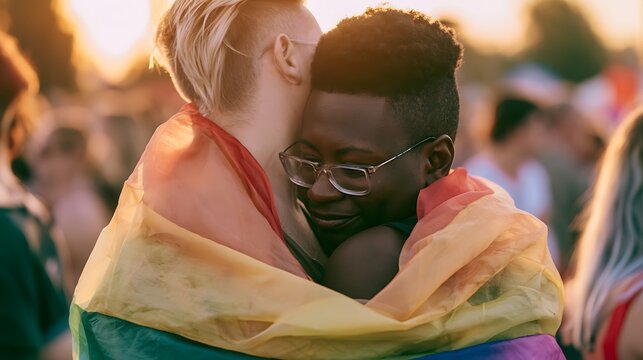 Two women hugging at a pride parade wrapped in a rainbow flag.