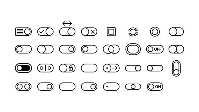 Black and white line icons of various toggle buttons and switches for user interface design and digital applications  user interface elements