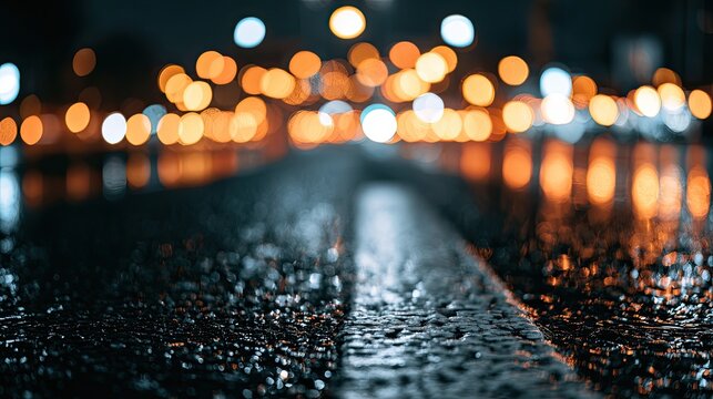 Wet asphalt road at night with blurred bokeh lights