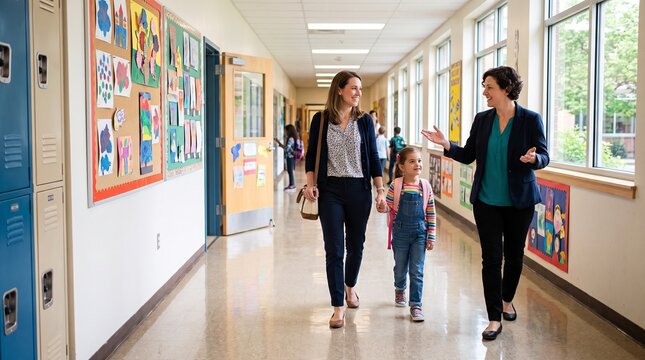 Teacher and student walking down school hallway with artwork on walls and lockers