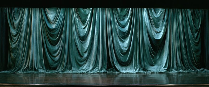 Stage with teal velvet curtains and polished wood floor