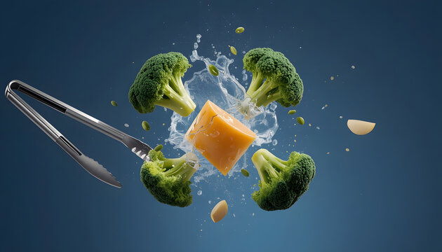 Broccoli and Cheese Splashing in Air with Tongs