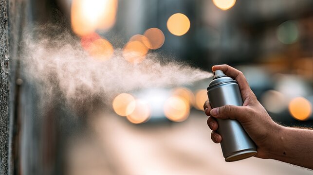 Hand spraying mist from a silver can onto textured wall, bokeh background