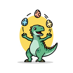 Fototapeta premium Happy green dinosaur juggling three spotted eggs.