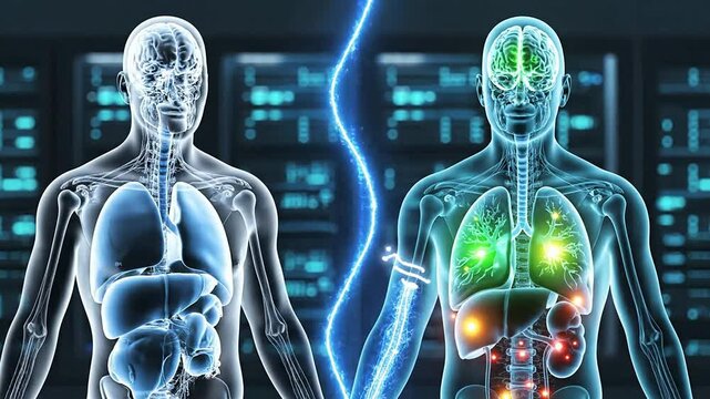 Futuristic Digital Twin Pharmacology Scan Illustrating Transparent Human Anatomy Visualization in High-Tech Laboratory Environment