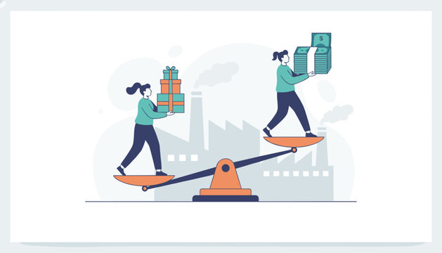 Balance scale compares a stack of gifts on one side with a massive pile of cash on the other in front of factories.