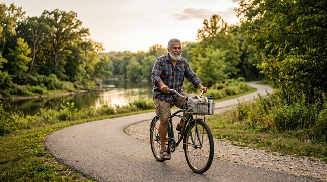 Elderly man bicycle riverside path smiling in casual shirt and shorts at sunset enjoying nature and peaceful ride