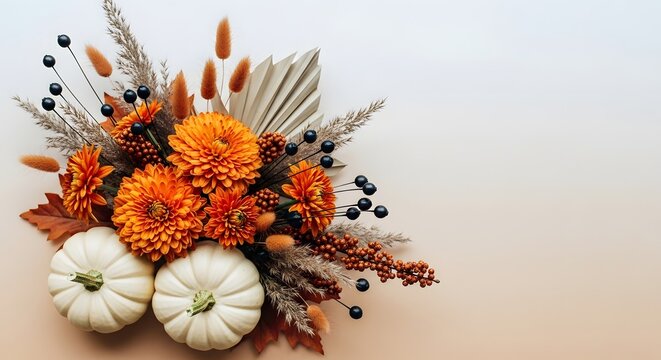 Autumn floral arrangement with pumpkins. Fall seasonal bouquet with orange flowers. Thanksgiving decor.