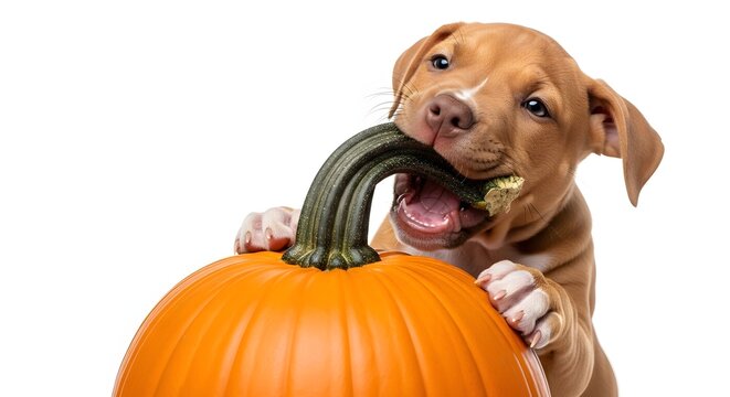Cute brown dog holding a pumpkin in its mouth. Playful puppy carrying autumn harvest vegetable outdoors. Adorable pet with seasonal fall produce fo...