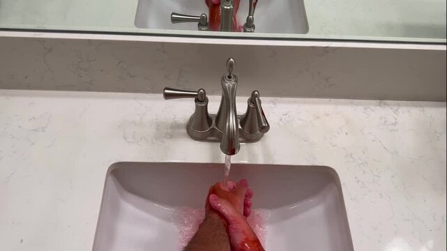 washing rinsing bloody hands with mirror
